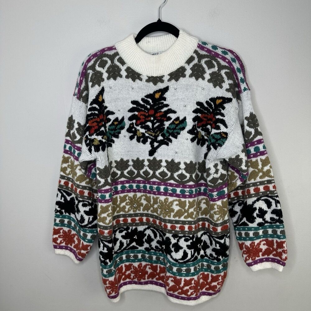 Vintage Kitty Hawk by Vivian Wang Sweater Beaded Knit Floral 80's Grandma Comfy